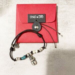 NWOT UNOde50 Silver Plated Beetle Beaded Brown Pulley Cord Adjustable Bracelet